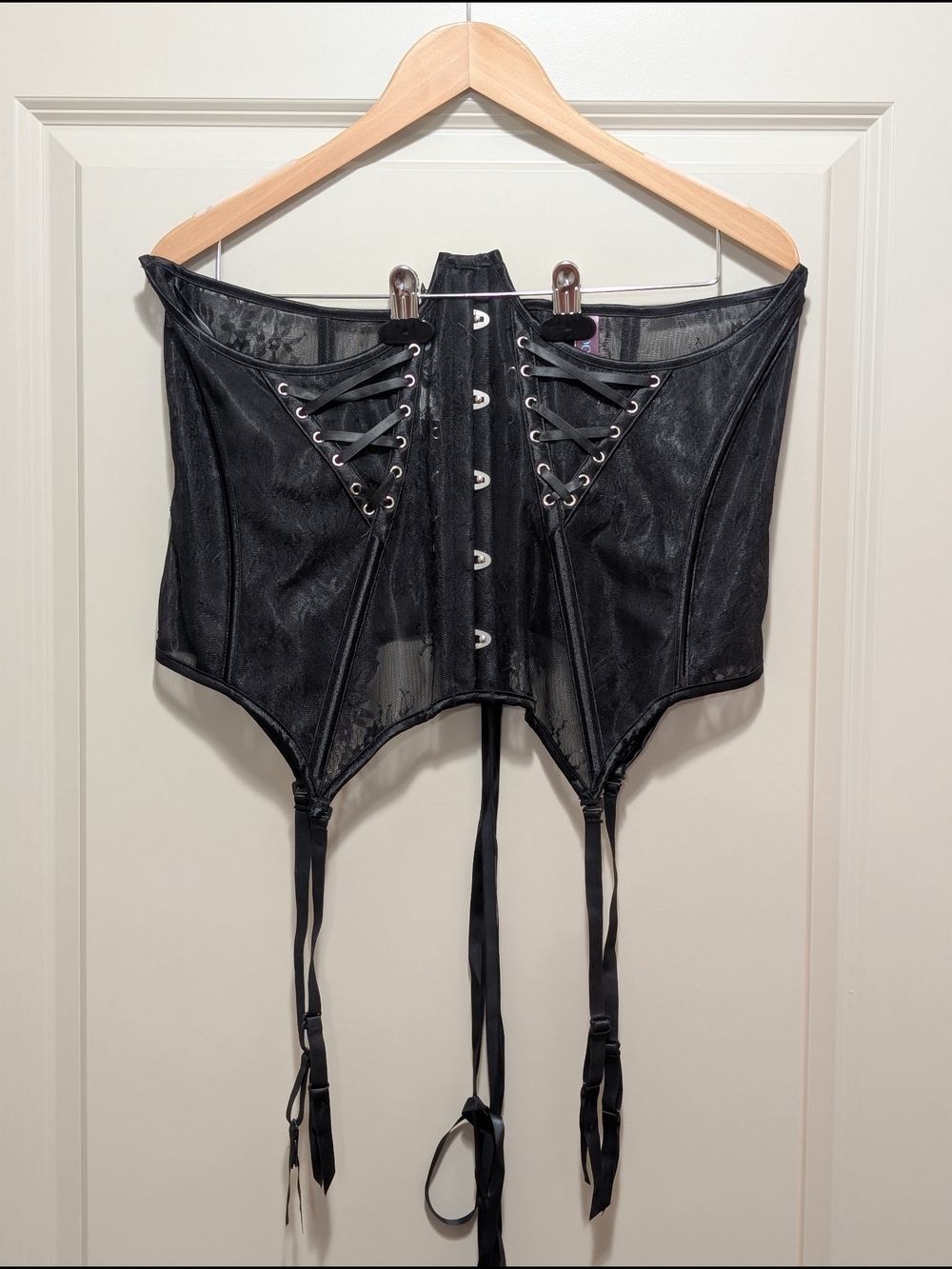 Black Lace-Up Waist Cincher Corset with Garter Straps